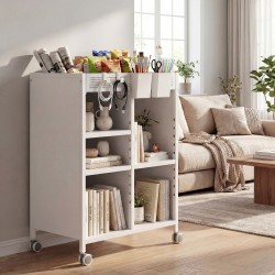 Säilytysvaunu pyörillä 4-tasoinen säädettävillä hyllyillä ja riippukoreilla 53 x 34 x 69,5 cm valkoinen