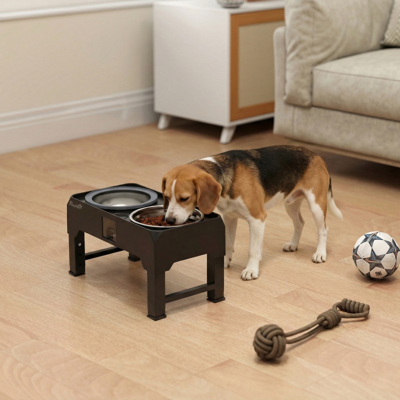 Säädettävä korotettu koiran ruokakuppiteline 2 teräskulholla 1,2 l + 2 l, musta