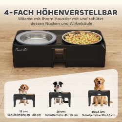 Säädettävä korotettu koiran ruokakuppiteline 2 teräskulholla 1,2 l + 2 l, musta