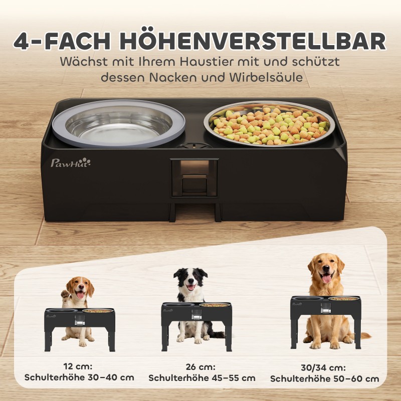 Säädettävä korotettu koiran ruokakuppiteline 2 teräskulholla 1,2 l + 2 l, musta