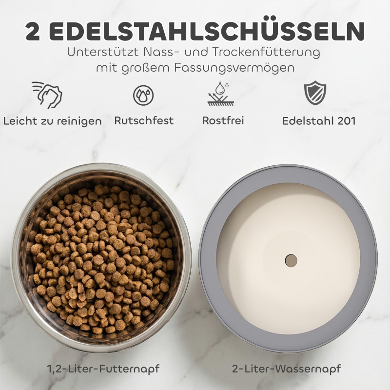 Säädettävä korotettu koiran ruokakuppiteline 2 teräskulholla 1,2 l + 2 l, musta