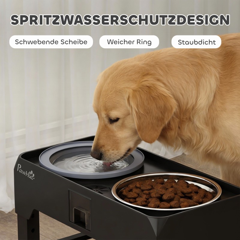 Säädettävä korotettu koiran ruokakuppiteline 2 teräskulholla 1,2 l + 2 l, musta