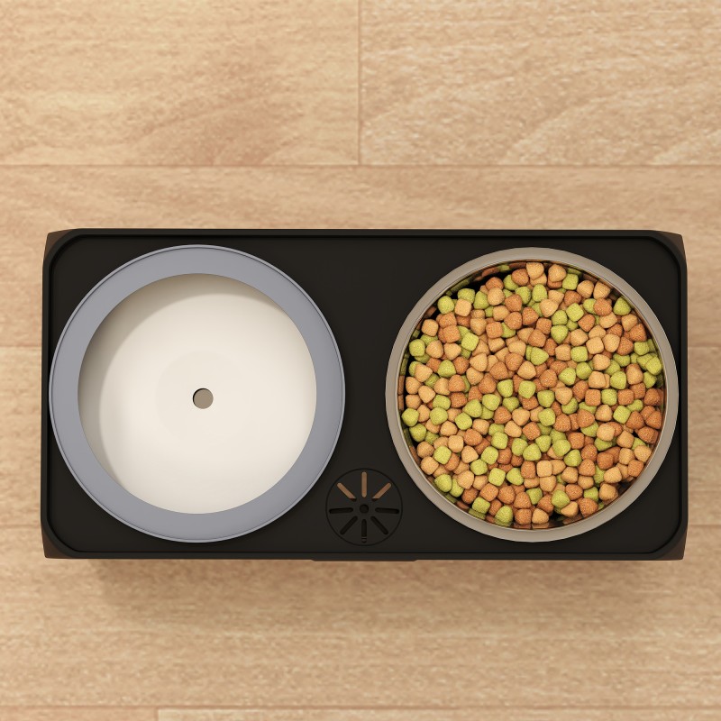 Säädettävä korotettu koiran ruokakuppiteline 2 teräskulholla 1,2 l + 2 l, musta