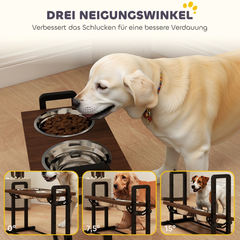 Koiran korotettu ruokakuppiteline, säädettävä korkeus ja kallistus, 2 x 1,2 L teräskuppia, musta-ruskea