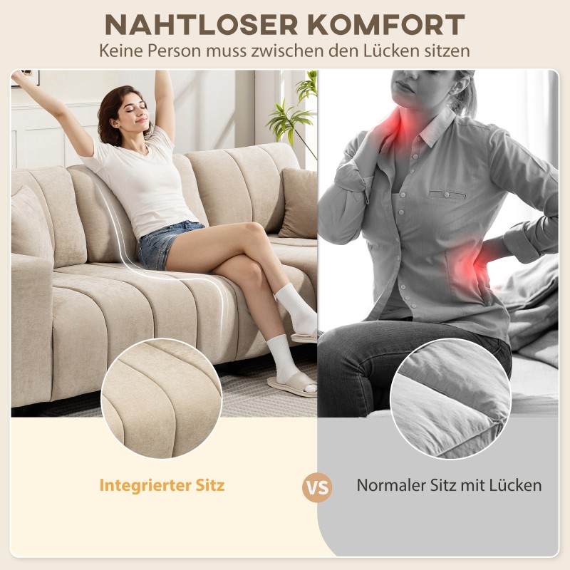 Kulmasohva L-muotoinen 3-istuttava säädettävällä lepotuolilla, teräsrunko, 242 cm, beige