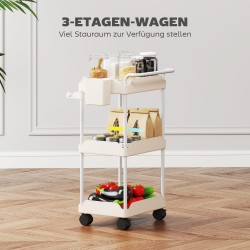 Säilytysvaunu 3 korilla ja pyyhetangolla, metalli ja muovi, valkoinen