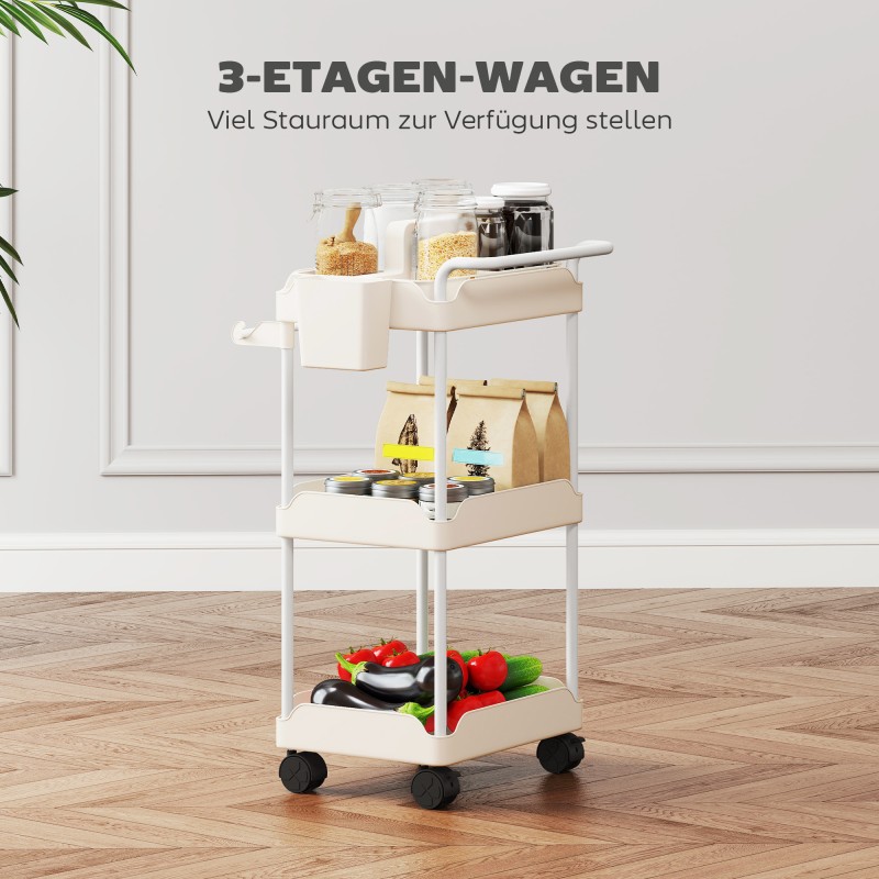 Säilytysvaunu 3 korilla ja pyyhetangolla, metalli ja muovi, valkoinen