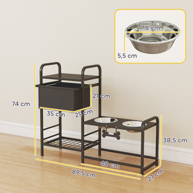 Koiran ruokintakaappi säädettävä korotettu ruokakuppiteline 2 x 800 ml teräskuppia 89,5x27x74 cm musta