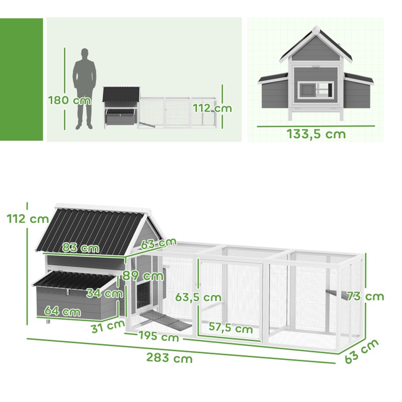Kanala ulkotarhalla 7–10 kanalle, kuusipuuta ja verkkoa, 283 x 133,5 x 112 cm, harmaa