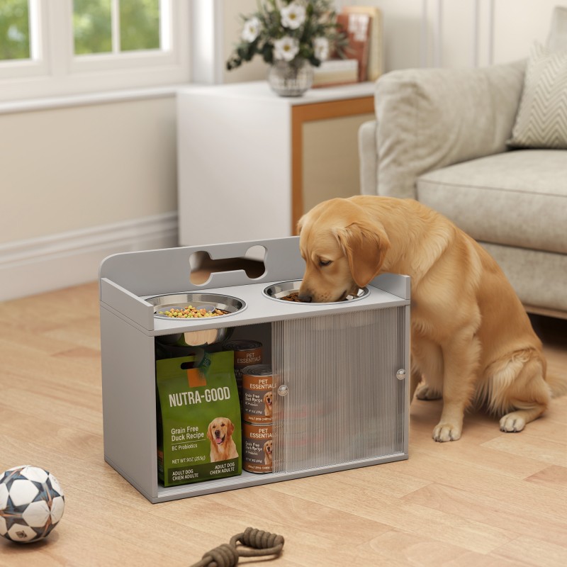 Korotettu koiran ruokintapiste kaapilla, 2 teräskulhoa 2,1 L, MDF, 60x30x46 cm, harmaa