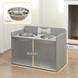 Korotettu koiran ruokintapiste kaapilla, 2 teräskulhoa 2,1 L, MDF, 60x30x46 cm, harmaa