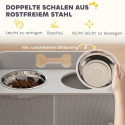 Korotettu koiran ruokintapiste kaapilla, 2 teräskulhoa 2,1 L, MDF, 60x30x46 cm, harmaa