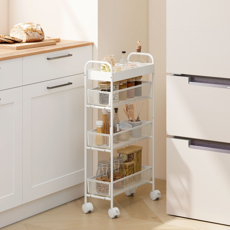 Metallinen säilytysvaunu 3 korilla, kapea 43,2 x 19 x 80 cm, valkoinen