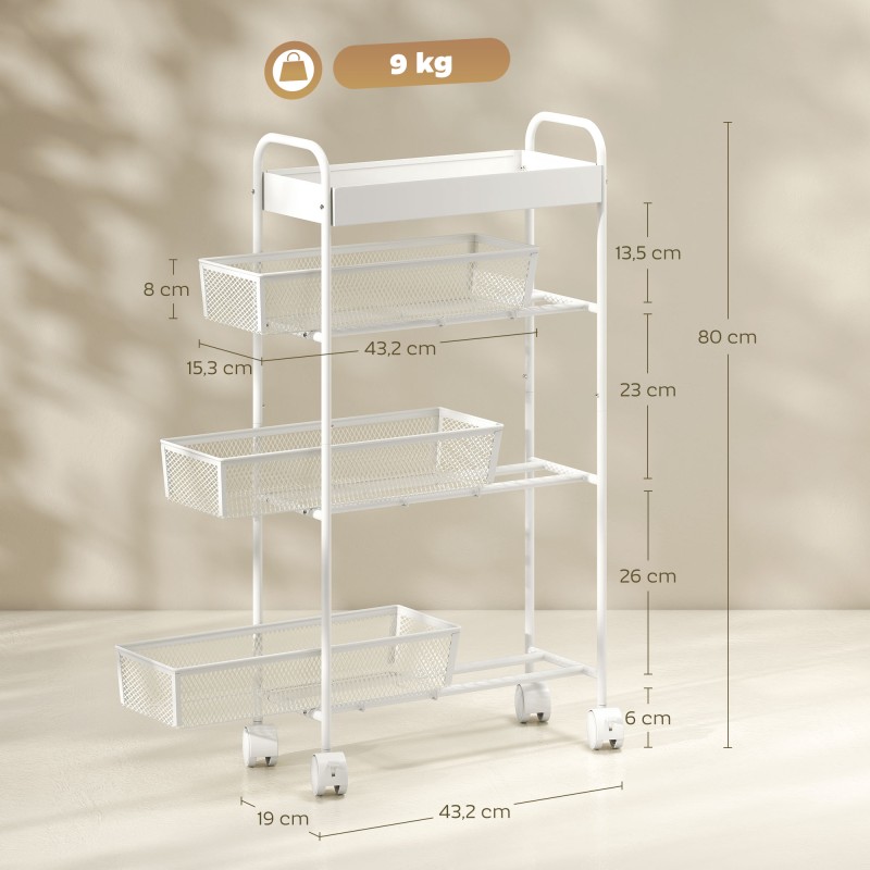 Metallinen säilytysvaunu 3 korilla, kapea 43,2 x 19 x 80 cm, valkoinen