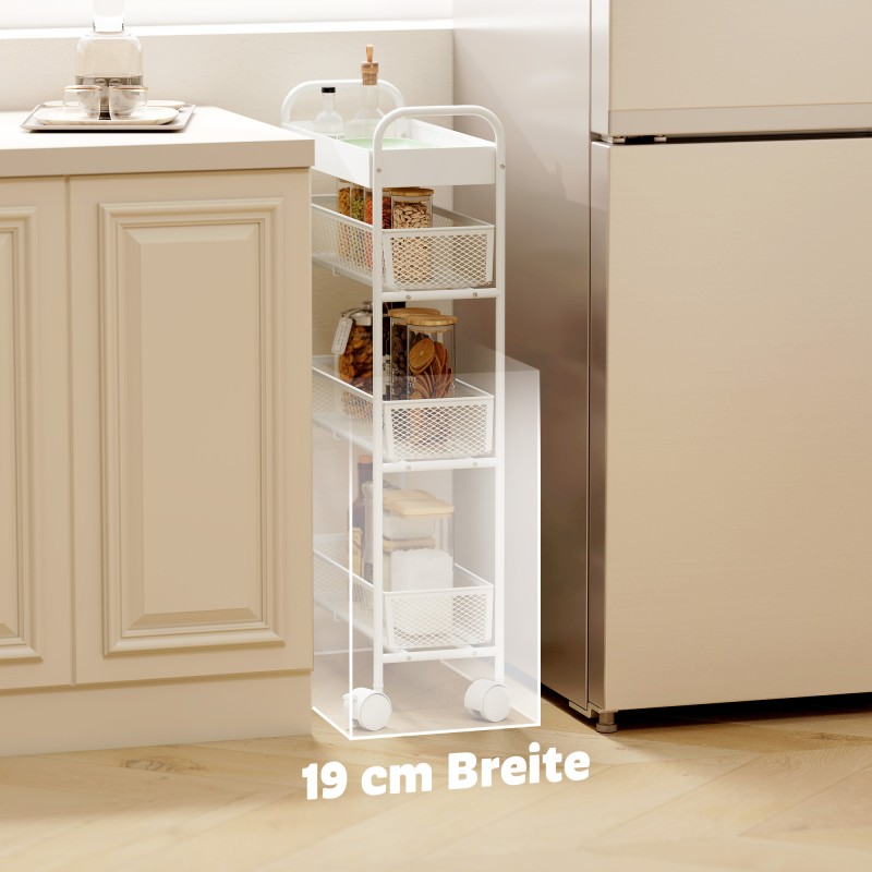 Metallinen säilytysvaunu 3 korilla, kapea 43,2 x 19 x 80 cm, valkoinen