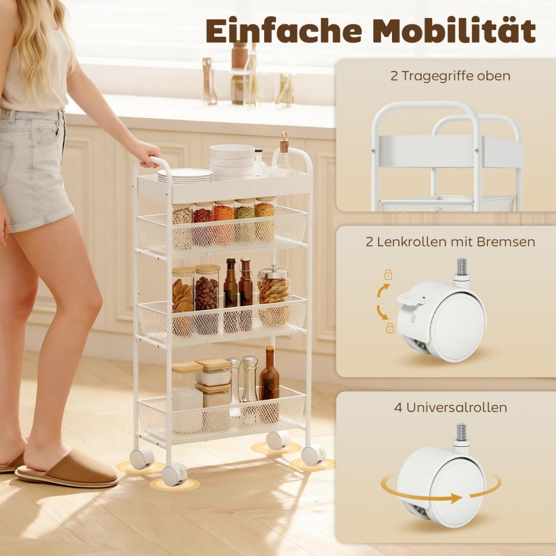 Metallinen säilytysvaunu 3 korilla, kapea 43,2 x 19 x 80 cm, valkoinen