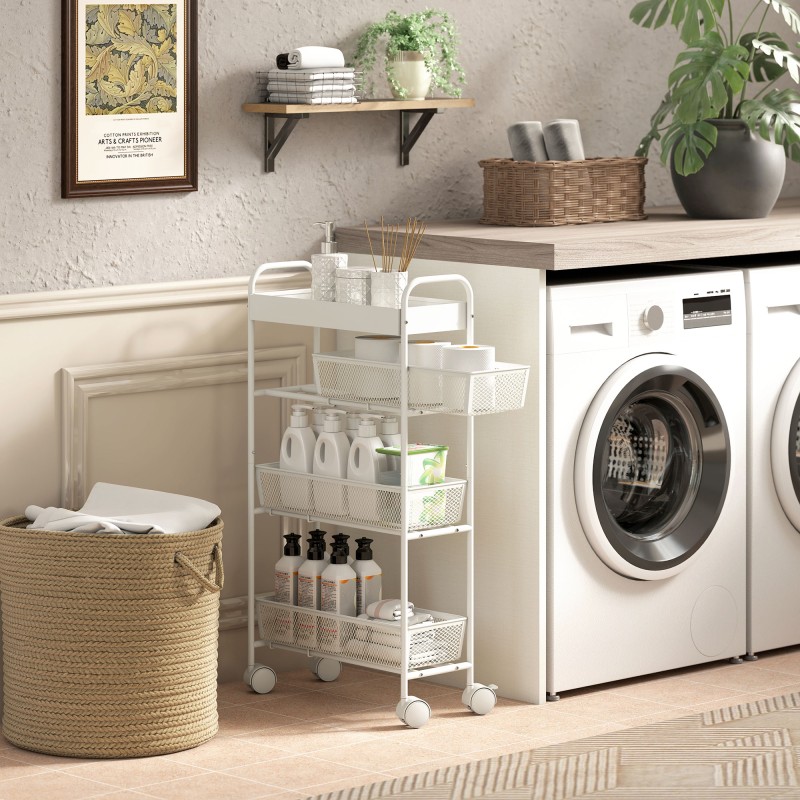 Metallinen säilytysvaunu 3 korilla, kapea 43,2 x 19 x 80 cm, valkoinen