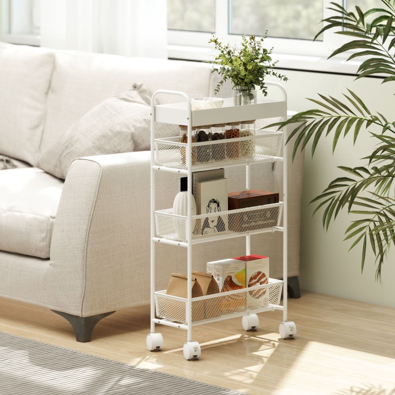 Metallinen säilytysvaunu 3 korilla, kapea 43,2 x 19 x 80 cm, valkoinen