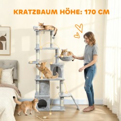 Kissan raapimapuu ja kiipeilypuu 170 cm, sisalpostit, tunnelit ja pesät, vaaleanharmaa