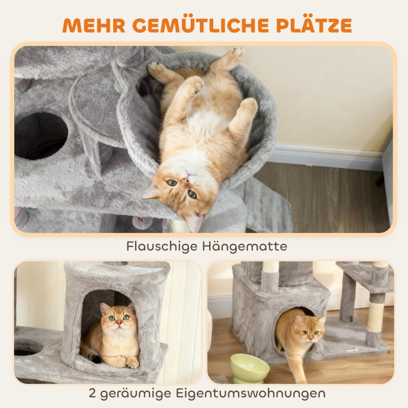 Kissan raapimapuu ja kiipeilypuu 170 cm, sisalpostit, tunnelit ja pesät, vaaleanharmaa