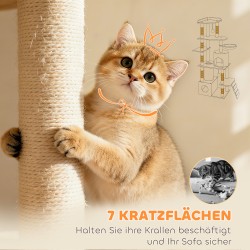 Kissan raapimapuu ja kiipeilypuu 170 cm, sisalpostit, tunnelit ja pesät, vaaleanharmaa