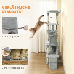 Kissan raapimapuu ja kiipeilypuu 170 cm, sisalpostit, tunnelit ja pesät, vaaleanharmaa