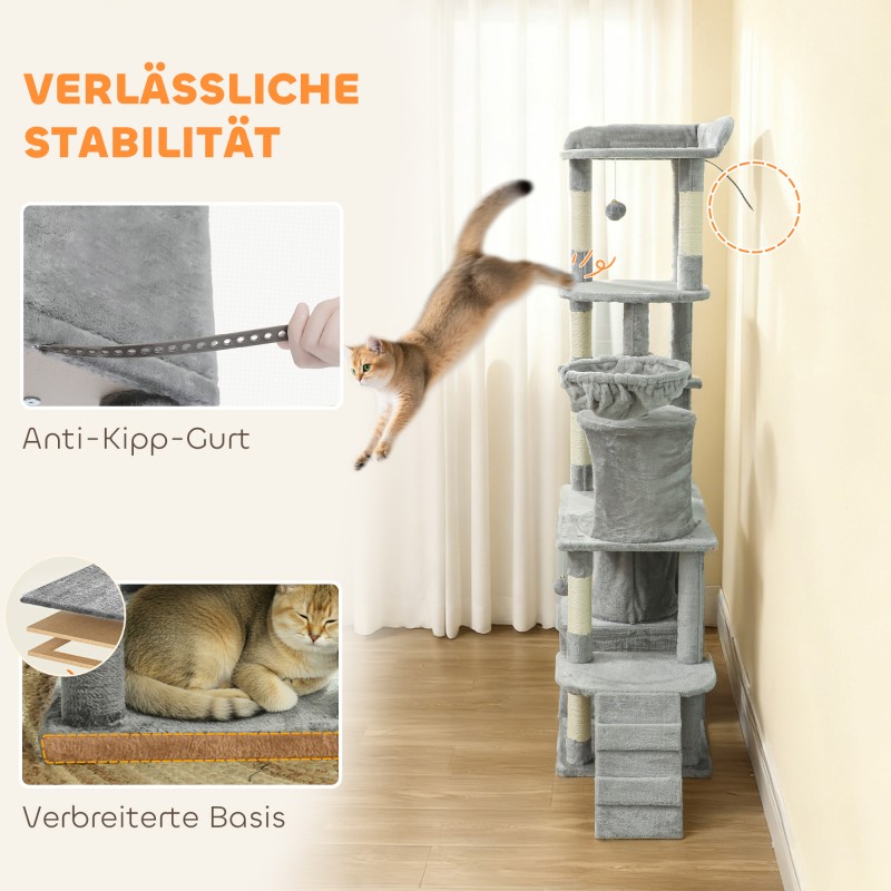 Kissan raapimapuu ja kiipeilypuu 170 cm, sisalpostit, tunnelit ja pesät, vaaleanharmaa