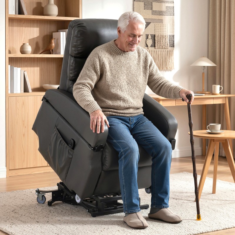 Sähkökäyttöinen lepotuoli nousemisavustimella, keinonahka, 78x98x110 cm, tummanharmaa
