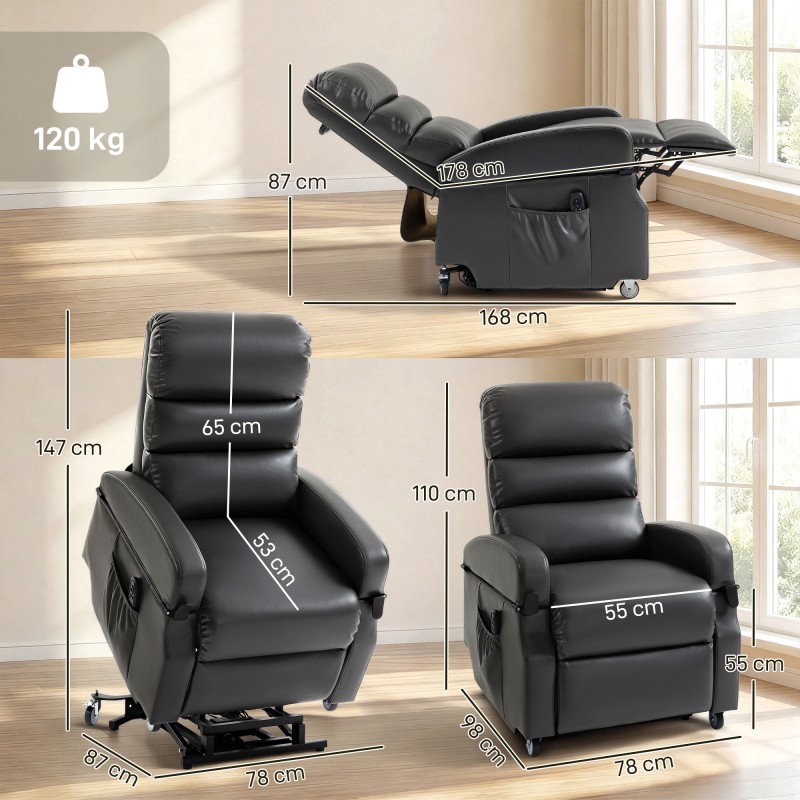 Sähkökäyttöinen lepotuoli nousemisavustimella, keinonahka, 78x98x110 cm, tummanharmaa