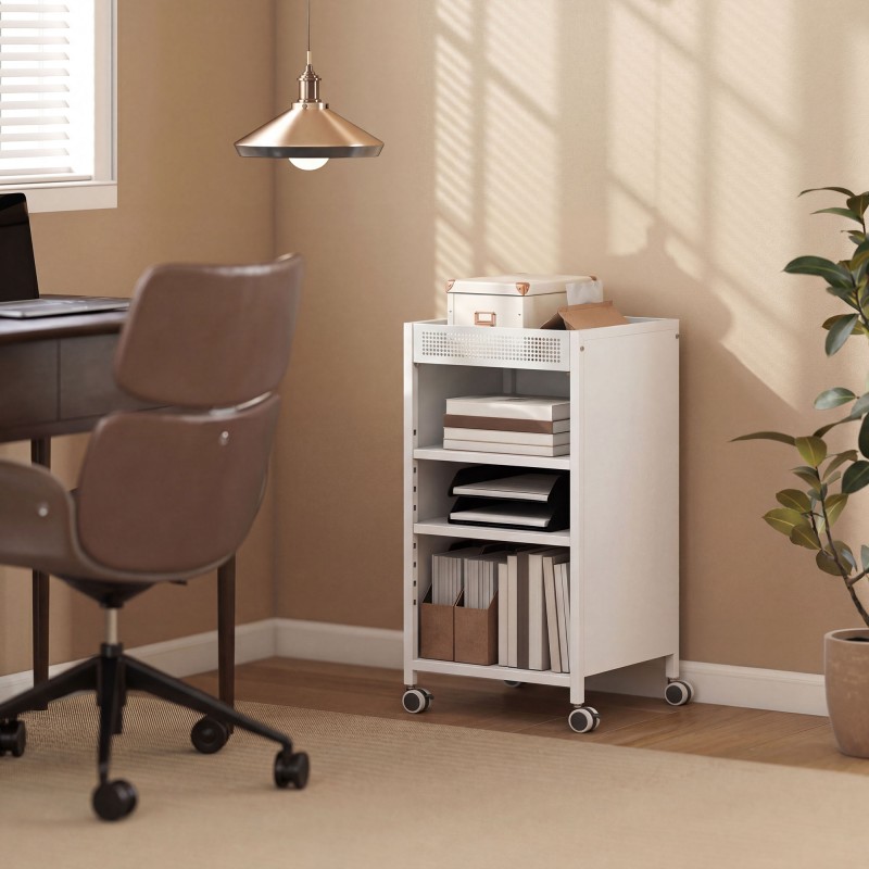 Liikuteltava 3-tasoinen metallinen hyllyvaunu säädettävillä hyllyillä ja yläkorilla 35x34x69,5 cm valkoinen