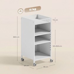 Liikuteltava 3-tasoinen metallinen hyllyvaunu säädettävillä hyllyillä ja yläkorilla 35x34x69,5 cm valkoinen