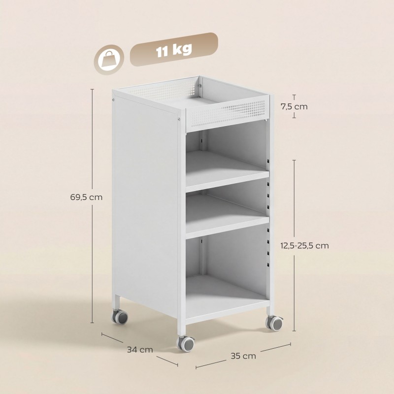 Liikuteltava 3-tasoinen metallinen hyllyvaunu säädettävillä hyllyillä ja yläkorilla 35x34x69,5 cm valkoinen
