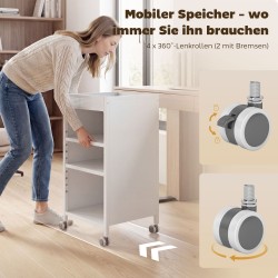 Liikuteltava 3-tasoinen metallinen hyllyvaunu säädettävillä hyllyillä ja yläkorilla 35x34x69,5 cm valkoinen