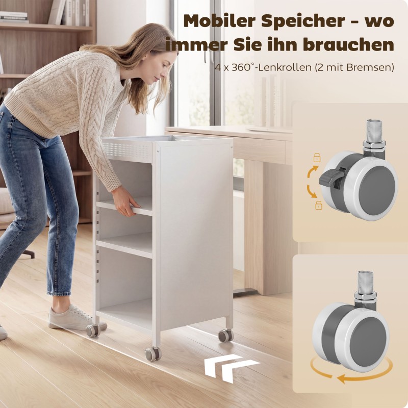 Liikuteltava 3-tasoinen metallinen hyllyvaunu säädettävillä hyllyillä ja yläkorilla 35x34x69,5 cm valkoinen