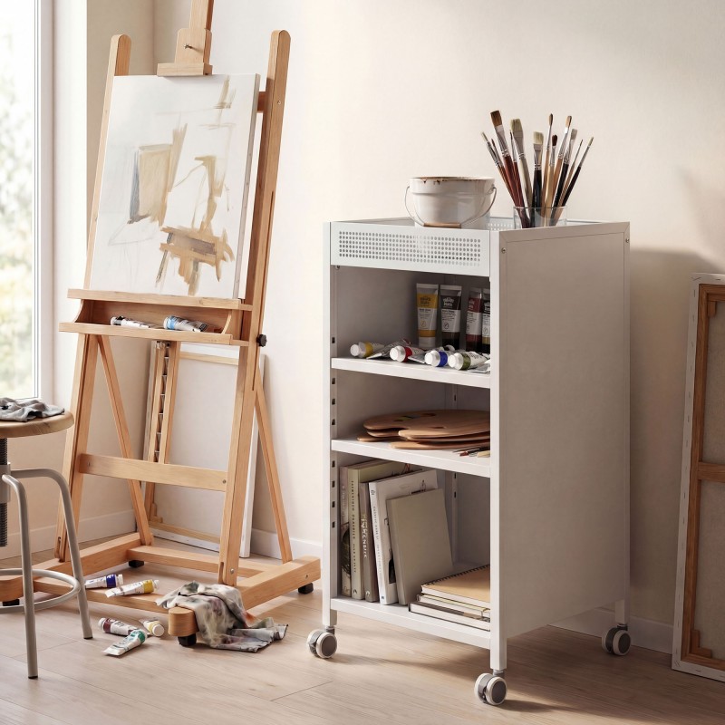 Liikuteltava 3-tasoinen metallinen hyllyvaunu säädettävillä hyllyillä ja yläkorilla 35x34x69,5 cm valkoinen