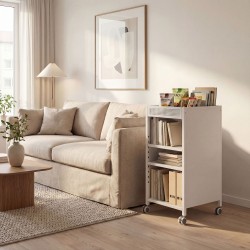 Liikuteltava 3-tasoinen metallinen hyllyvaunu säädettävillä hyllyillä ja yläkorilla 35x34x69,5 cm valkoinen