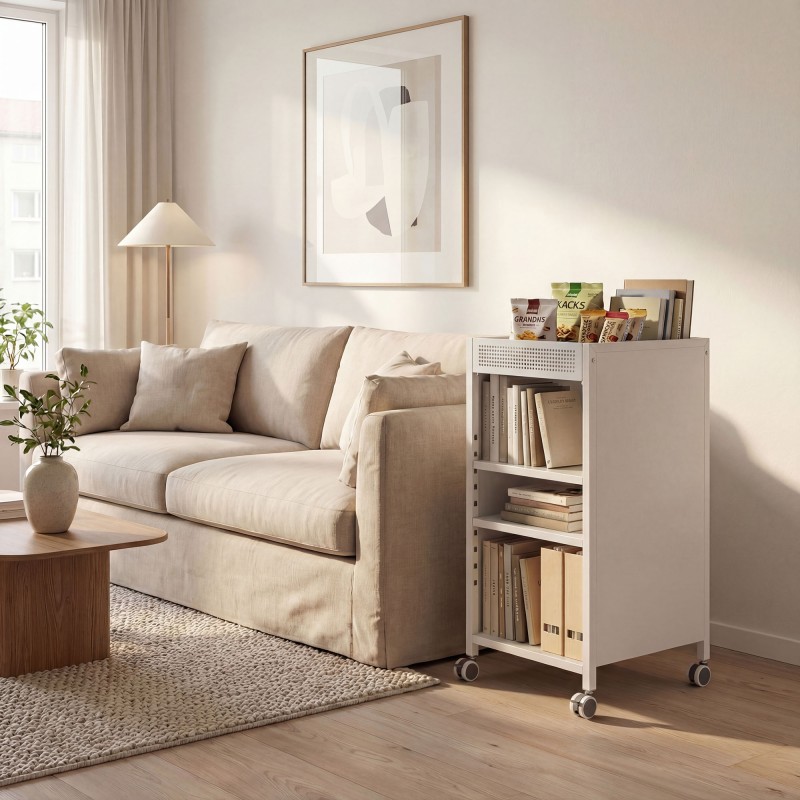 Liikuteltava 3-tasoinen metallinen hyllyvaunu säädettävillä hyllyillä ja yläkorilla 35x34x69,5 cm valkoinen