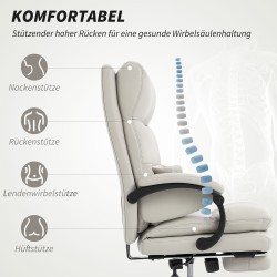 Työtuoli toimistotuoli keinonahkaa jalkatuella ja lannerangan tuella, säädettävä, vaaleanharmaa