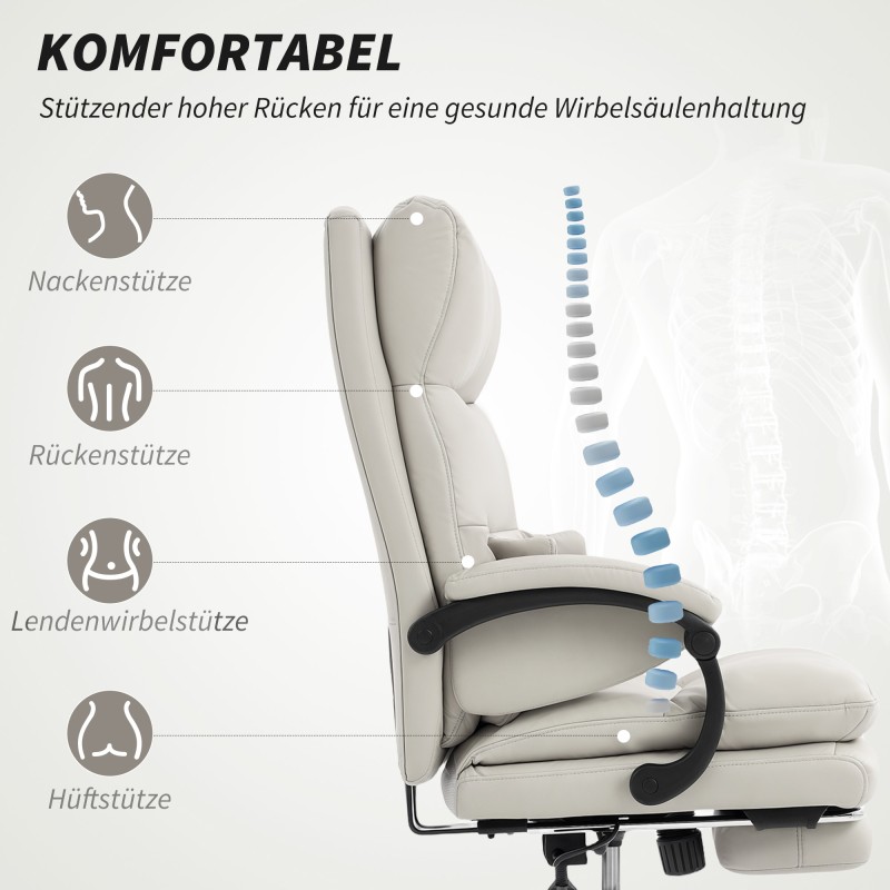 Työtuoli toimistotuoli keinonahkaa jalkatuella ja lannerangan tuella, säädettävä, vaaleanharmaa
