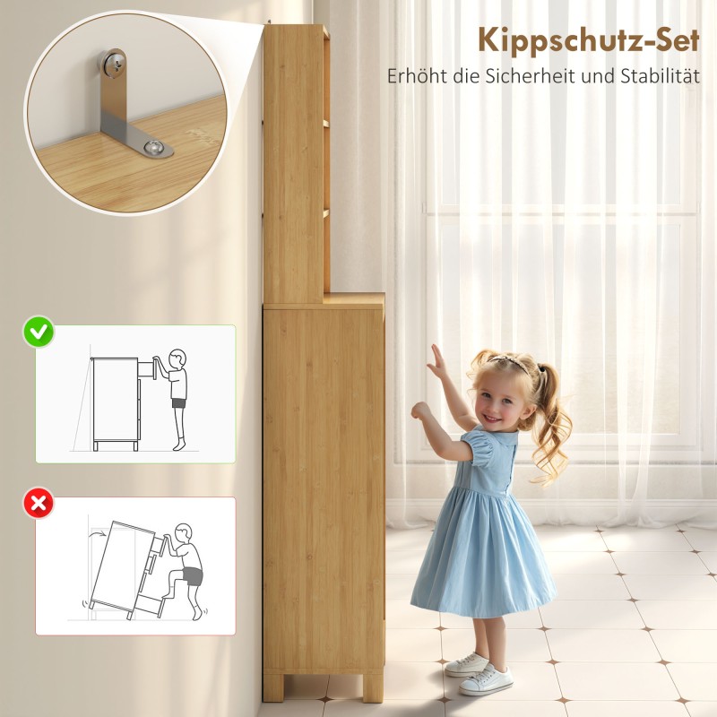 Kapea bambuinen kylpyhuonekaappi 34 x 30 x 170 cm, luonnonväri, avoimet ja säädettävät hyllyt