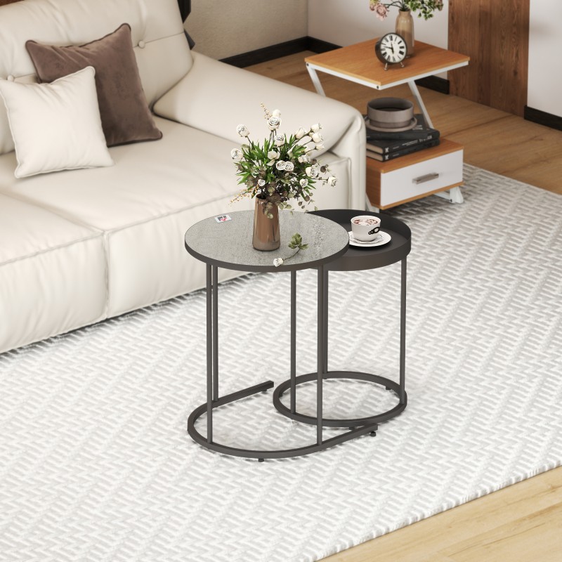 Sohvapöytäsarja olohuoneeseen, 2 pyöreää pöytää, metallirunko ja MDF-kansi, harmaa/musta