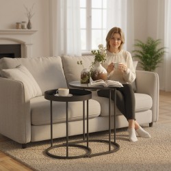 Sohvapöytäsarja olohuoneeseen, 2 pyöreää pöytää, metallirunko ja MDF-kansi, harmaa/musta