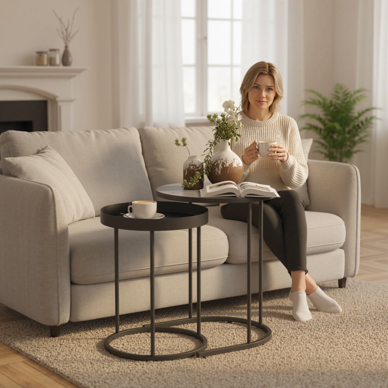 Sohvapöytäsarja olohuoneeseen, 2 pyöreää pöytää, metallirunko ja MDF-kansi, harmaa/musta