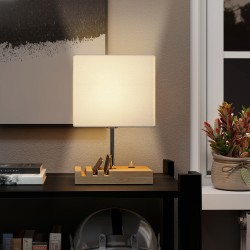 Yöpöytävalaisin USB-latausliitännöillä, puu ja valkoinen kangasvarjostin, E27, 25 x 20 x 40,5 cm