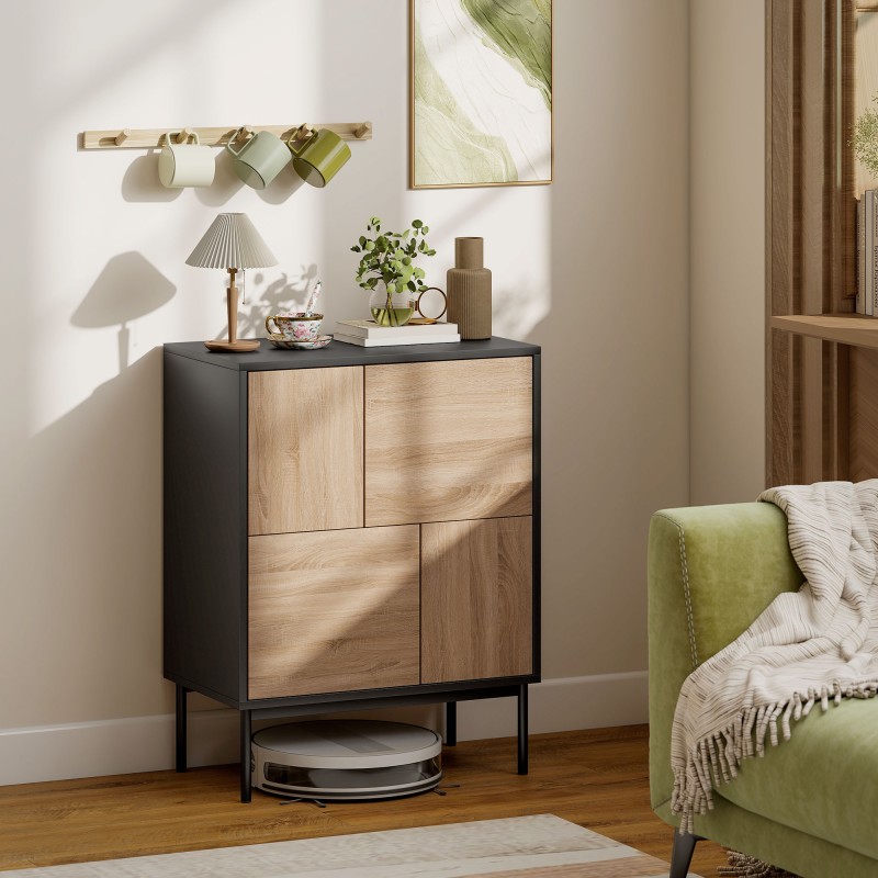 Senkki push-to-open-ovilla, MDF ja metalli, 60 x 35 x 78 cm, musta ja luonnonpuu