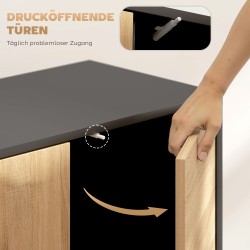 Senkki push-to-open-ovilla, MDF ja metalli, 60 x 35 x 78 cm, musta ja luonnonpuu