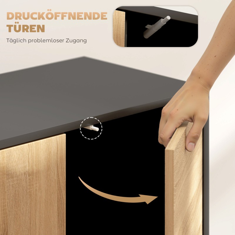 Senkki push-to-open-ovilla, MDF ja metalli, 60 x 35 x 78 cm, musta ja luonnonpuu