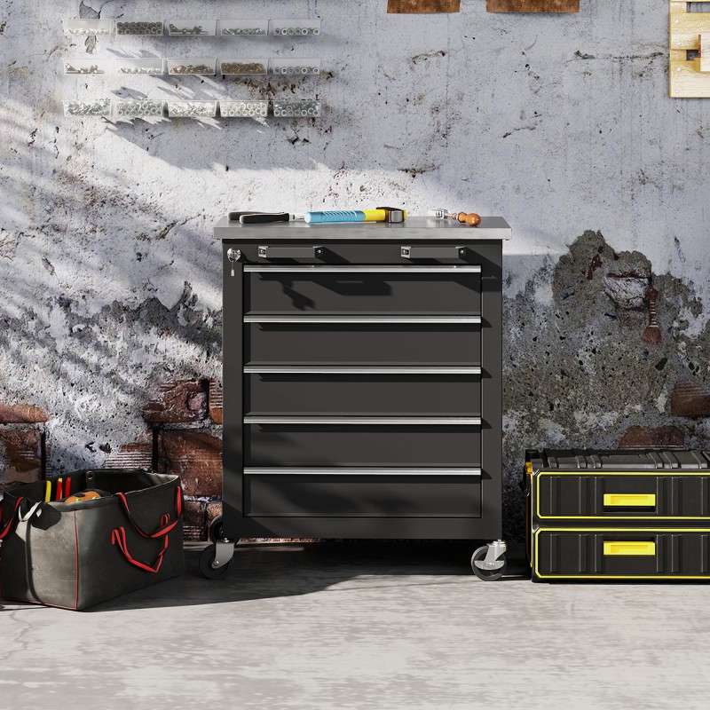 Siirrettävä työkalukaappi 5 laatikkoa teräs 65,5 x 34,5 x 76 cm musta hopea