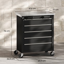 Siirrettävä työkalukaappi 5 laatikkoa teräs 65,5 x 34,5 x 76 cm musta hopea