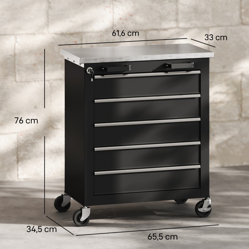Siirrettävä työkalukaappi 5 laatikkoa teräs 65,5 x 34,5 x 76 cm musta hopea